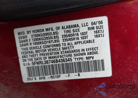 2006 Honda Odyssey Ex-L from USA, damaged, VIN 5FNRL38746B436345